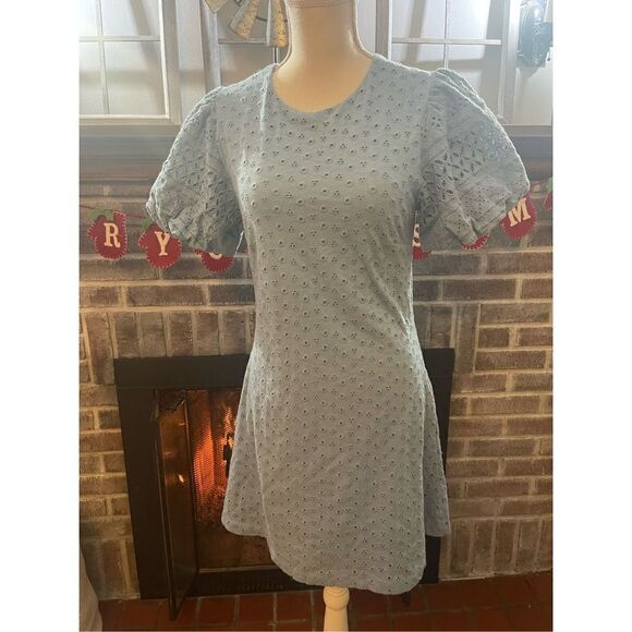 Free People - Apricot Rose Puff Sleeve Eyelet Light Blue Dress Size M - Picture 5 of 6